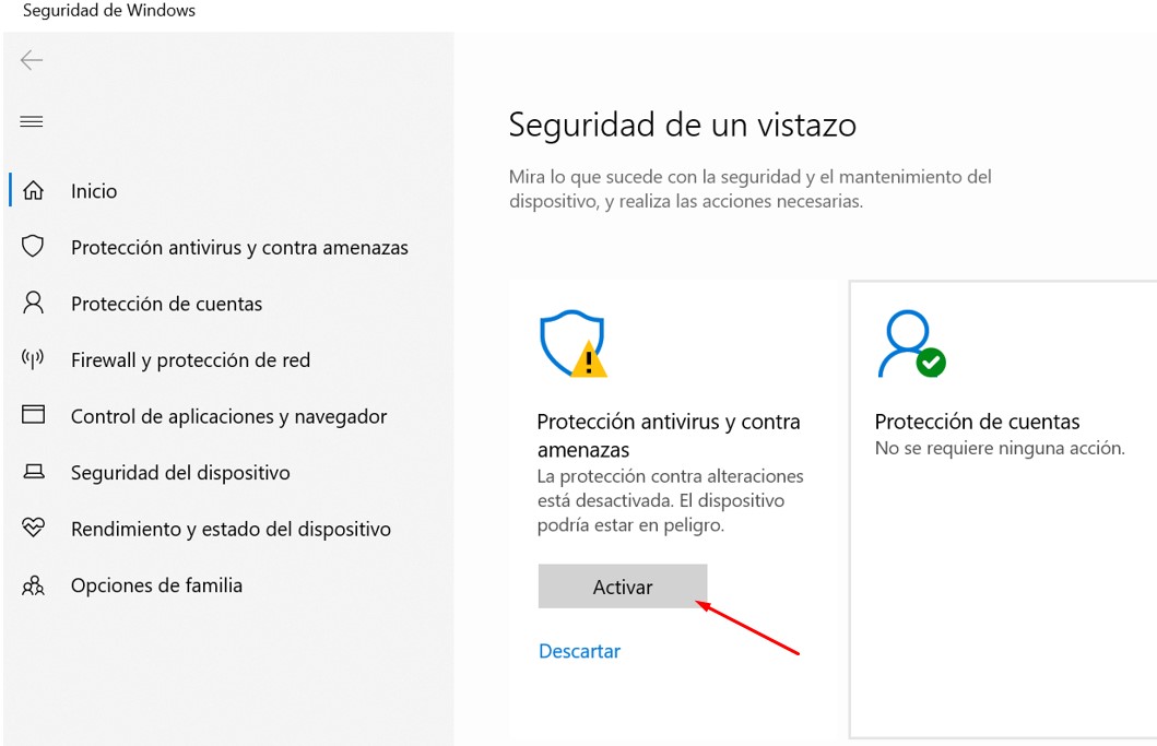 como activar la proteccion antivirus en windows 10